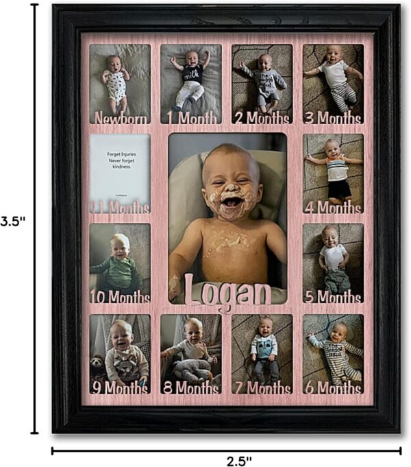 Northland My First Year Photo Frame | Personalized - Add Any Name | 12 Month Picture Frame for Babys First Year | Twelve 2.5" x 3.5" Newborn Photos and 5" x 7" | Milestone | Black Frame Pink Mat - Image 5