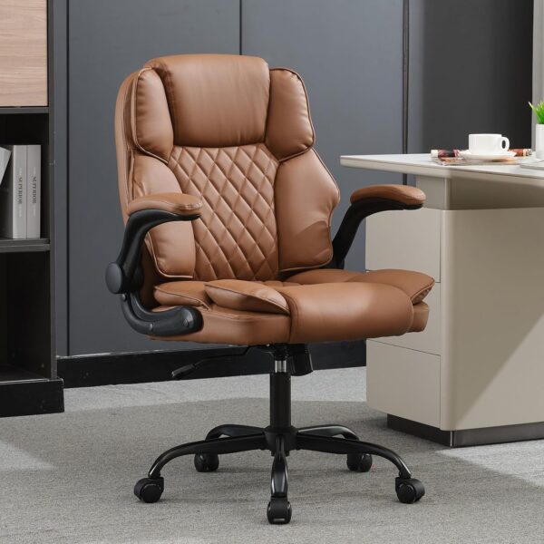 Office Desk Chair,Mid Back Executive Leather Chair, Ergonomic Home Computer Desk Chair with Adjustable Flip-Up Arms, Conference Room Chairs with Rocking Function (Brown)