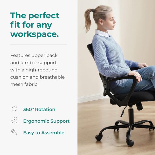 Home Office Computer Desk Chair, Ergonomic Mid-Back Mesh Rolling Work Swivel Task Chairs with Wheels, Comfortable Lumbar Support, Comfy Arms for Bedroom, Study, Dorm, Student - Image 7