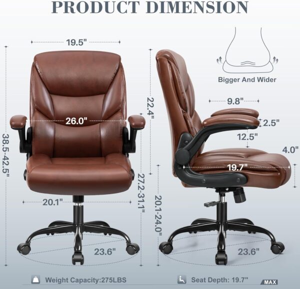 FelixKing Leather Office Chair, Small PU Ergonomic Desk Chairs, Comfy Computer Chair with Wheels and Flip-up Armrests, Adjustable Height Mid Back Executive Office Chairs for Short People - Brown - Image 3