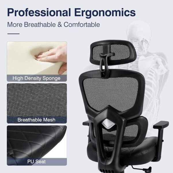 VECELO Swivel Ergonomic High Back Mesh Office Chair with Adjustable Headrest Armrest, Backrest Tilt Function, Lumbar Support for Executive/Computer Desk/Task Work - Image 5