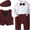 A&J DESIGN 4pcs Baby Boys Suit, 3 Months - 18 Months, Gentleman Romper & Vest & Berets Hat & Bow Tie