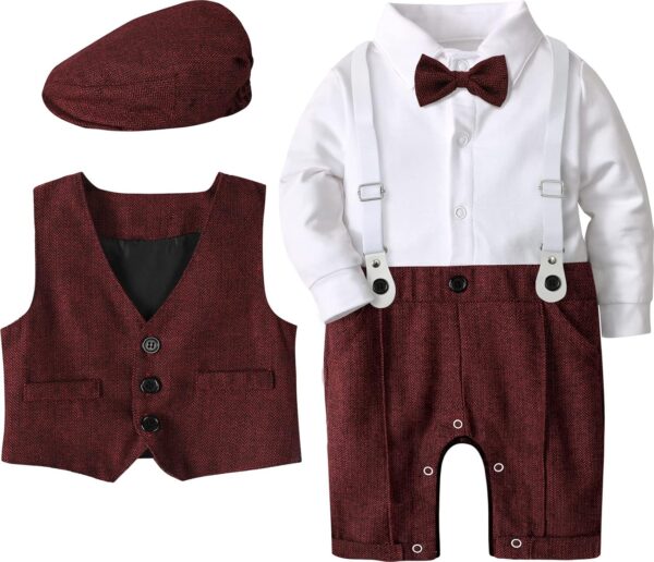 A&J DESIGN 4pcs Baby Boys Suit, 3 Months - 18 Months, Gentleman Romper & Vest & Berets Hat & Bow Tie