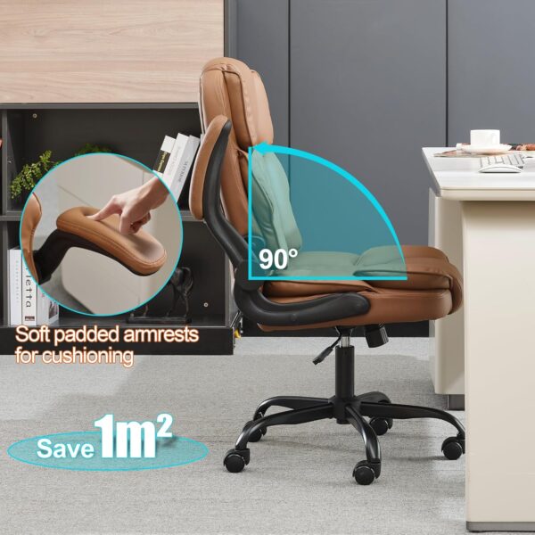 Office Desk Chair,Mid Back Executive Leather Chair, Ergonomic Home Computer Desk Chair with Adjustable Flip-Up Arms, Conference Room Chairs with Rocking Function (Brown) - Image 3