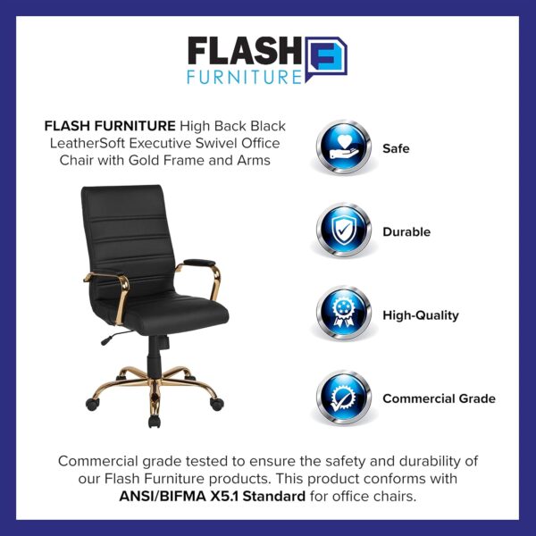 Flash Furniture Whitney High-Back Swivel LeatherSoft Desk Chair with Padded Seat and Armrests, Adjustable Height Padded Office Chair, Black/Gold - Image 11