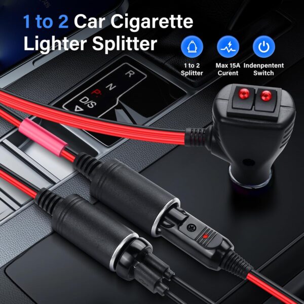 SinLoon 12V Car Cigarette Lighter Splitter Adapter with 2 Independent Switches 16AWG Cigarette Lighter 1 Male to 2 Female Sockets Y Splitter Power Cable with 15A Fuse 0.3M/1FT - Image 2