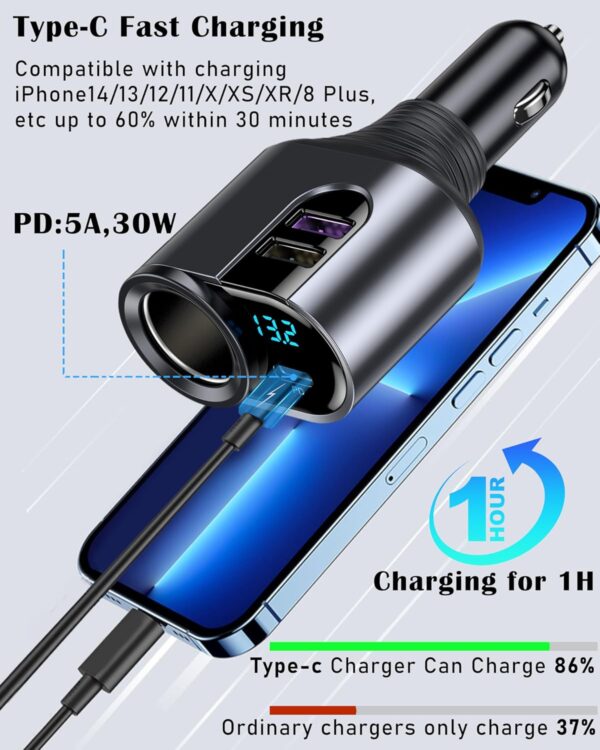 LIHAN USB C Car Charger, Cigarette Lighter Adapter,12V/24V Socket Splitter with 3 USB Ports, Type C PD Fast Car Charger Compatible for iPhone, Galaxy, iPad, GPS - Image 2