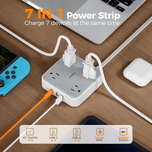 Surge Protector Flat Extension Cord 5Ft, TESSAN Flat Plug Power Strip with 4 Outlets 3 USB Ports (1 USB C), 900 Joules Protection, Multiple Wall Outlet Extender Suitable for Home Office Dorm, Grey - Image 4