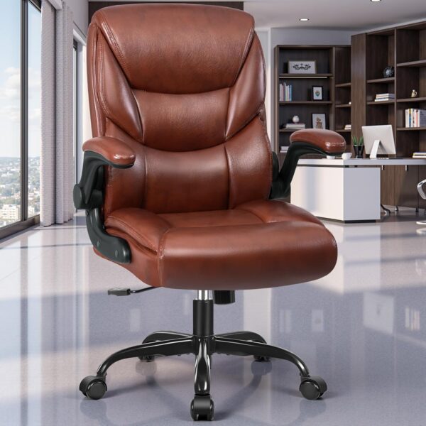 FelixKing Leather Office Chair, Small PU Ergonomic Desk Chairs, Comfy Computer Chair with Wheels and Flip-up Armrests, Adjustable Height Mid Back Executive Office Chairs for Short People - Brown - Image 9
