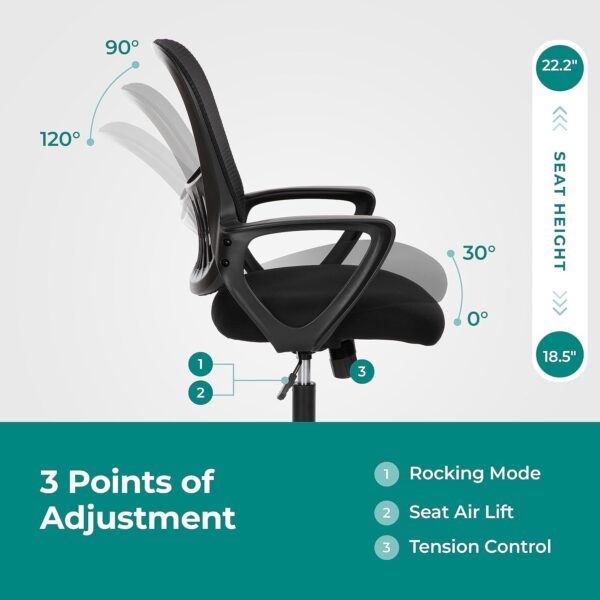 Home Office Computer Desk Chair, Ergonomic Mid-Back Mesh Rolling Work Swivel Task Chairs with Wheels, Comfortable Lumbar Support, Comfy Arms for Bedroom, Study, Dorm, Student - Image 4