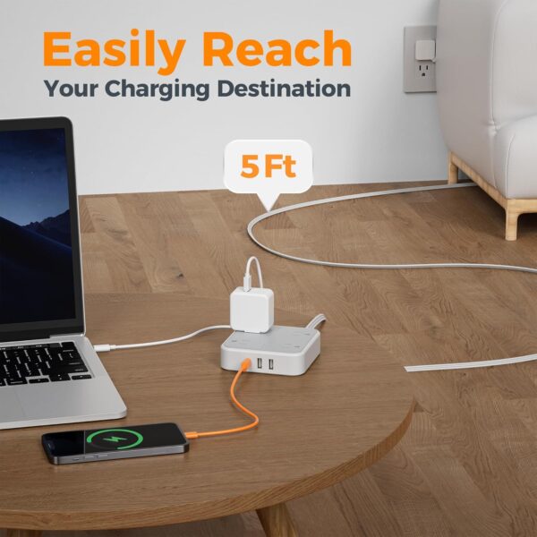 Surge Protector Flat Extension Cord 5Ft, TESSAN Flat Plug Power Strip with 4 Outlets 3 USB Ports (1 USB C), 900 Joules Protection, Multiple Wall Outlet Extender Suitable for Home Office Dorm, Grey - Image 5