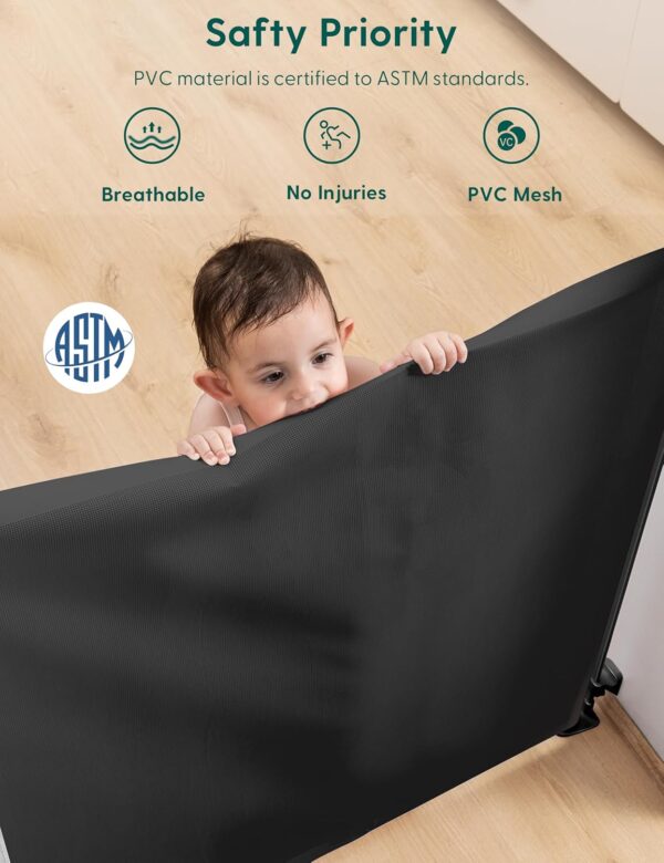 34'' Tall 71'' Wide Retractable Baby Gates for Doorways, Stairs, Hallways, Indoor/Outdoor, Durable Mesh Dog/Pet Gate, Child Safety Retractable Gate (Black) - Image 4