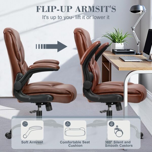 FelixKing Leather Office Chair, Small PU Ergonomic Desk Chairs, Comfy Computer Chair with Wheels and Flip-up Armrests, Adjustable Height Mid Back Executive Office Chairs for Short People - Brown - Image 4