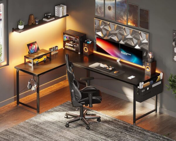 ODK L Shaped Desk, 66" Computer Corner Desk, Gaming Desk, Home Office Writing Desk with Monitor Shelf, Space-Saving Workstation Desk, Modern Simple Wooden Table, Easy to Assemble, Black - Image 2