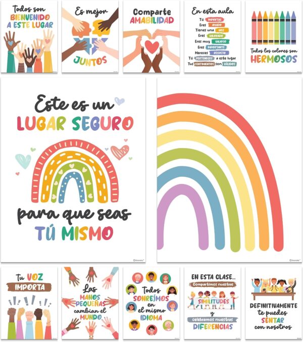 Decorably 12 Diversity Spanish Classroom Posters, 11x14in Matte-Laminated Inspirational Spanish Posters for Classroom High School