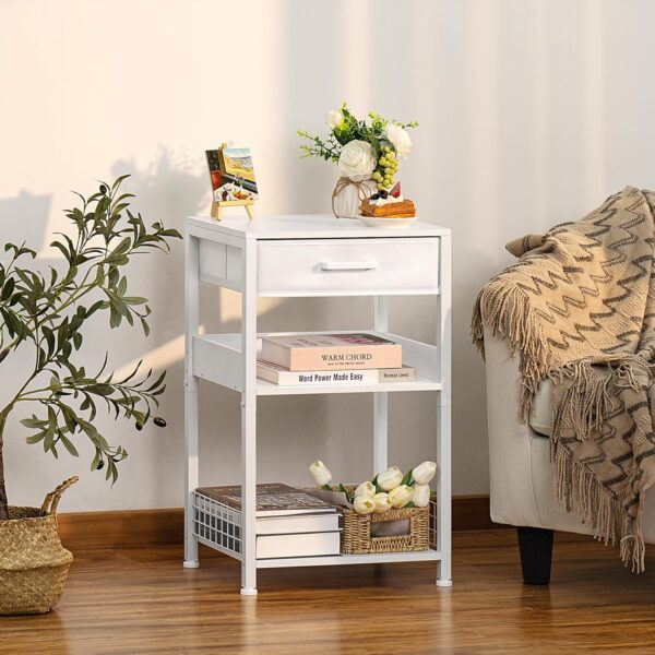 Lerliuo White Printer Stand with Fabric Drawer, 3 Tier Industrial Side Table, Modern Small Printer Desk Holder with Storage Shelf,Multi-Functional Bedside Tables for Home Office Fax Machine Scanner - Image 2