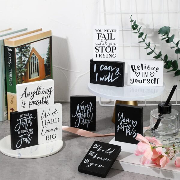 Yulejo 9 Pcs Mini Inspirational Wooden Signs Office Desk Decor Valentines Day Gifts Positive Motivational Quotes Table Decor Bathroom Shelf Cheer up - Image 4