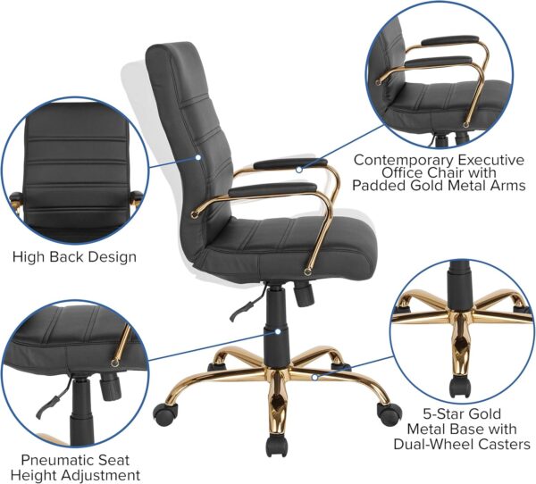 Flash Furniture Whitney High-Back Swivel LeatherSoft Desk Chair with Padded Seat and Armrests, Adjustable Height Padded Office Chair, Black/Gold - Image 4