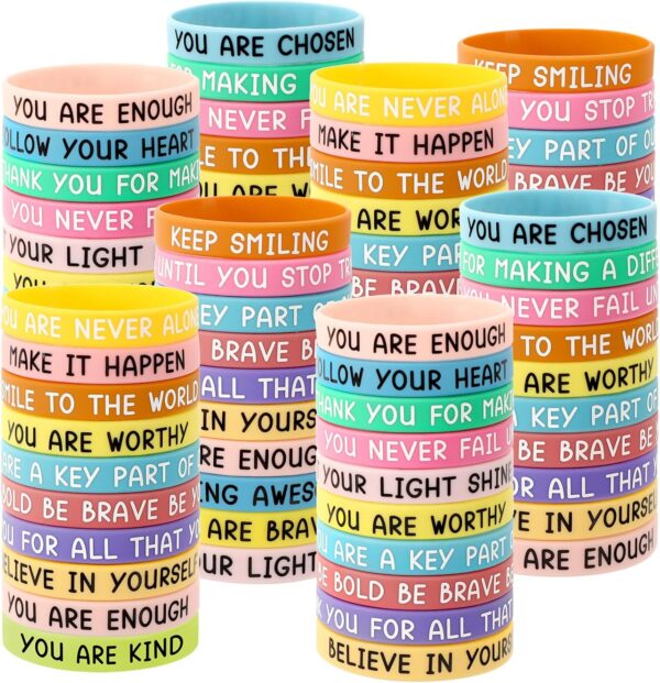 JUNEBRUSHS 120pcs Motivational Silicone Bracelets Bulk Colored Inspirational Rubber Wristbands for Student Back to School Classroom Birthday Party Favor Graduation Gifts Supplies (15 Designs)