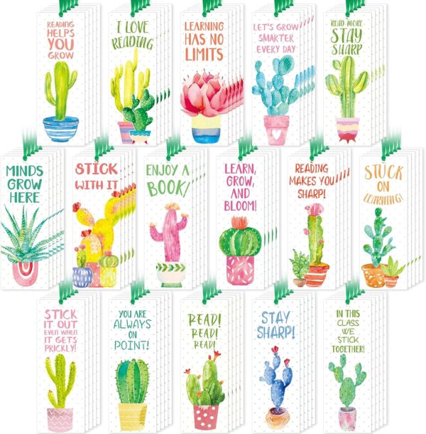 Jetec 80 Pieces Cactus Bookmarks Laminated Reading Bookmarks with 80 Pieces Ribbon Motivational Inspiring Quote Book Markers for Teacher Student Kids Classroom School Office