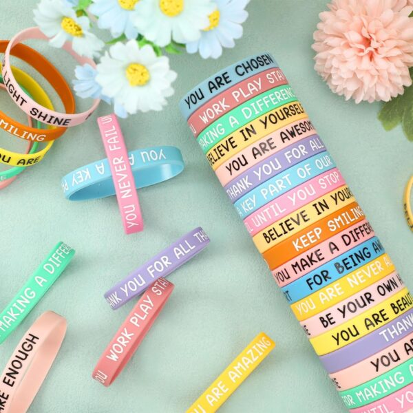 JUNEBRUSHS 120pcs Motivational Silicone Bracelets Bulk Colored Inspirational Rubber Wristbands for Student Back to School Classroom Birthday Party Favor Graduation Gifts Supplies (15 Designs) - Image 4