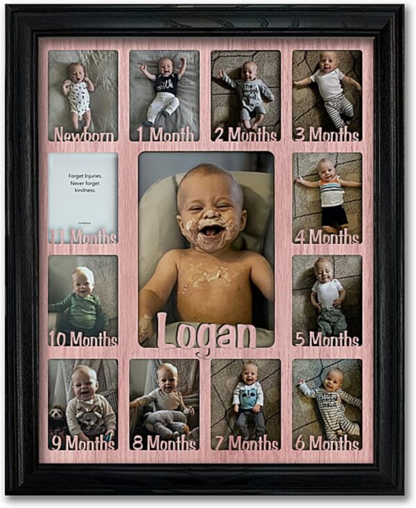 Northland My First Year Photo Frame | Personalized - Add Any Name | 12 Month Picture Frame for Babys First Year | Twelve 2.5" x 3.5" Newborn Photos and 5" x 7" | Milestone | Black Frame Pink Mat
