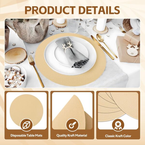 50 Pieces Kraft Paper Place Mats Brown Round Disposable Table Mats Decorative Placemats for Wedding Bridal Shower Black Birthday Party Dining Decor - Image 4