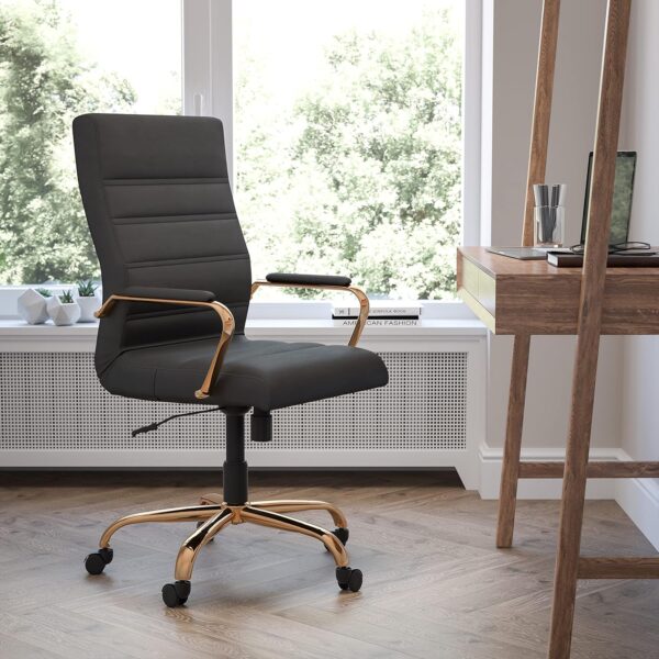 Flash Furniture Whitney High-Back Swivel LeatherSoft Desk Chair with Padded Seat and Armrests, Adjustable Height Padded Office Chair, Black/Gold - Image 2