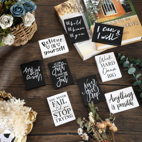 Yulejo 9 Pcs Mini Inspirational Wooden Signs Office Desk Decor Valentines Day Gifts Positive Motivational Quotes Table Decor Bathroom Shelf Cheer up - Image 5