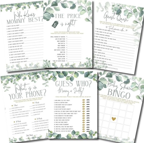 Baby Shower Games (Set of 6 Fun Activities for 25 Guests) - Neutral Greenery Floral Eucalyptus Theme - Perfect for Boy or Girl - 1 Game Printed Per Side