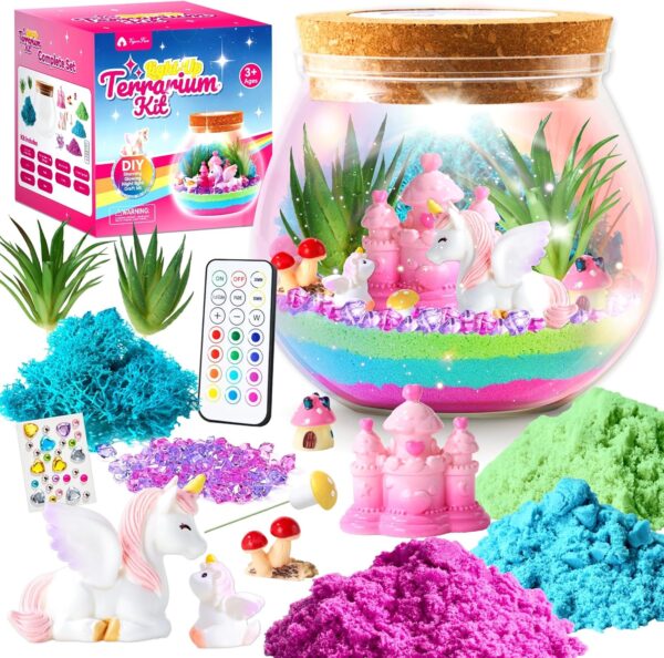 VigorFun Unicorn Terrarium Kit for Kids - Creative LED Night Light Gifts for Girls Birthday Age 3+, DIY Arts & Crafts Light Up Kit, Unicorn Toys for Kids 4 5 6 7 8 9 10 Year Old