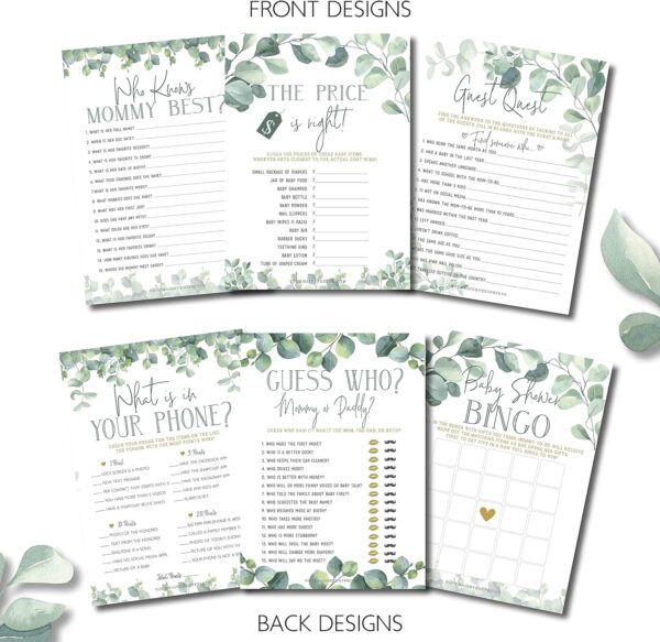 Baby Shower Games (Set of 6 Fun Activities for 25 Guests) - Neutral Greenery Floral Eucalyptus Theme - Perfect for Boy or Girl - 1 Game Printed Per Side - Image 2