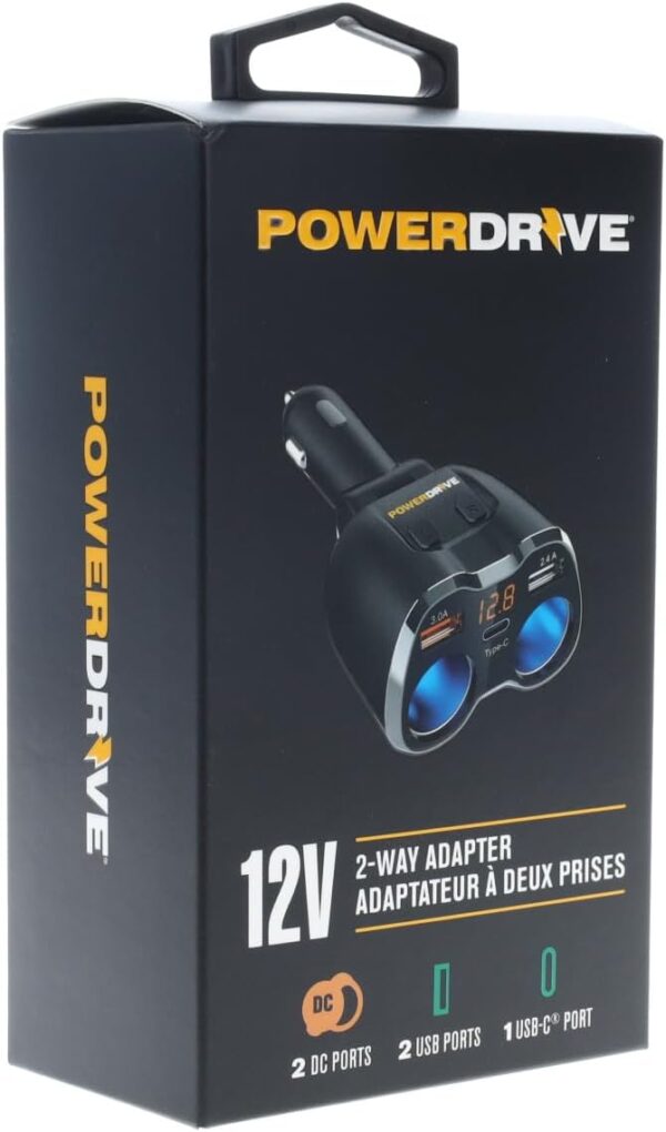 PowerDrive 12V 2-Way Adapter with USB and USB-C Ports LED Display 80W Output Cigarette Socket Splitter Adapter - Image 3
