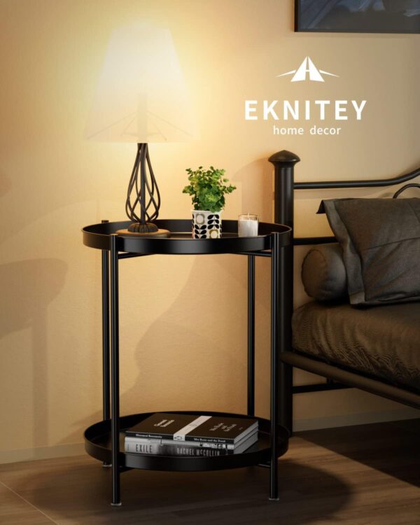EKNITEY 2 Tier End Table - Metal Side Table Waterproof Small Sofa Coffee Side Tables Bedroom Indoor Outdoor with Removable Tray for Living Room Bedroom Balcony and Office (Black) - Image 4