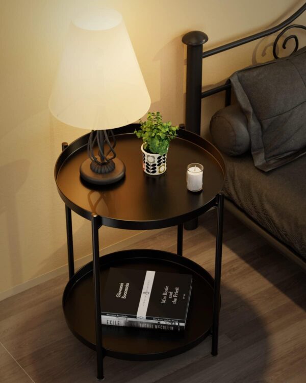 EKNITEY 2 Tier End Table - Metal Side Table Waterproof Small Sofa Coffee Side Tables Bedroom Indoor Outdoor with Removable Tray for Living Room Bedroom Balcony and Office (Black) - Image 2