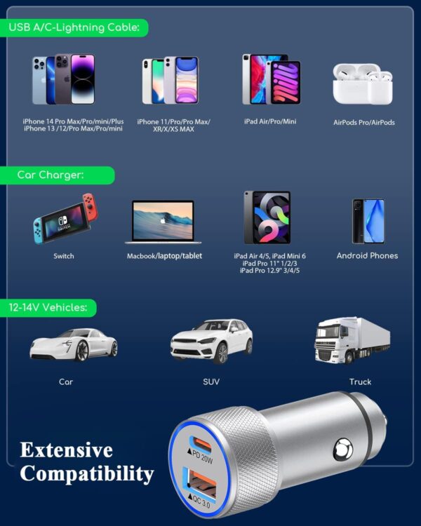 Fast iPhone Car Charger,【2Pack】38W Dual Port PD&QC3.0 Fast Charger Car [Apple MFi Certified] Cigarette Lighter Car Power Adapter with 2pack Lightning Cable for iPhone 14/13/Pro/Max/12/11/X/8 (Silver) - Image 7