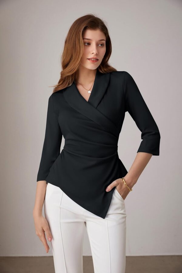 GRACE KARIN Women's V Neck Casual Work Tops 3/4 Sleeve Office Dressy Blouse Asymmetrical Elegant Shirts - Image 2