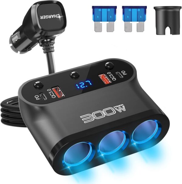 Cigarette Lighter Splitter 300W: OUFFUN Dual 18W QC3.0 and 30W PD USB-C Multi Way Cigarette Lighter Adapter DC Outlet Car 12V Splitter with LED Voltmeter Switches for iPhone Samsung Phone GPS Dash Cam