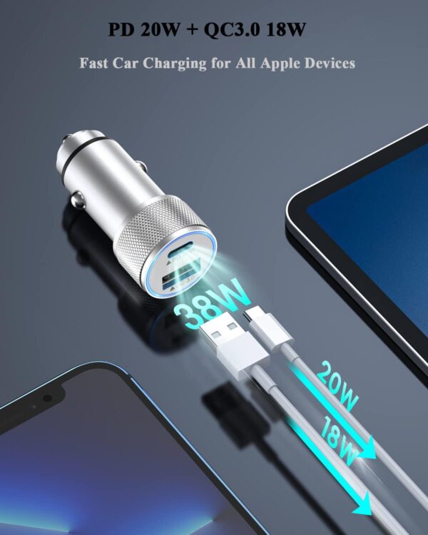 Fast iPhone Car Charger,【2Pack】38W Dual Port PD&QC3.0 Fast Charger Car [Apple MFi Certified] Cigarette Lighter Car Power Adapter with 2pack Lightning Cable for iPhone 14/13/Pro/Max/12/11/X/8 (Silver) - Image 2