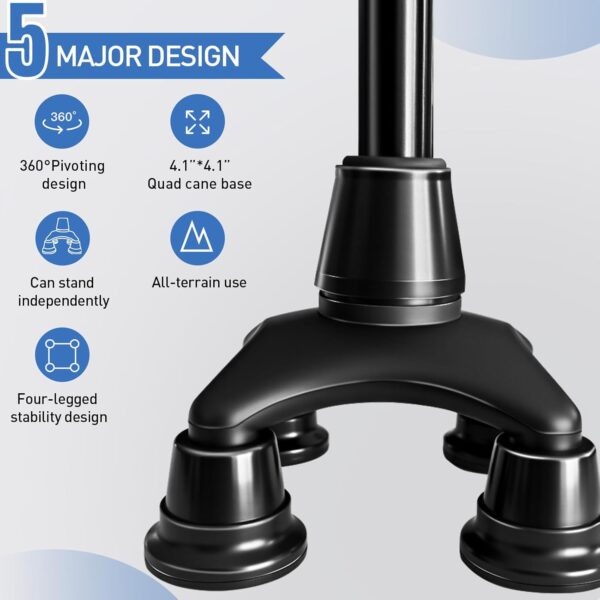 Cane Tip,Quad Cane Base Self Standing Design with Heavy Duty,360° Pivoting Replacement 4 Prong Base for All Terrains Stable and Non-Slip for 3/4 inch Canes (Quad Cane Base-A) - Image 2
