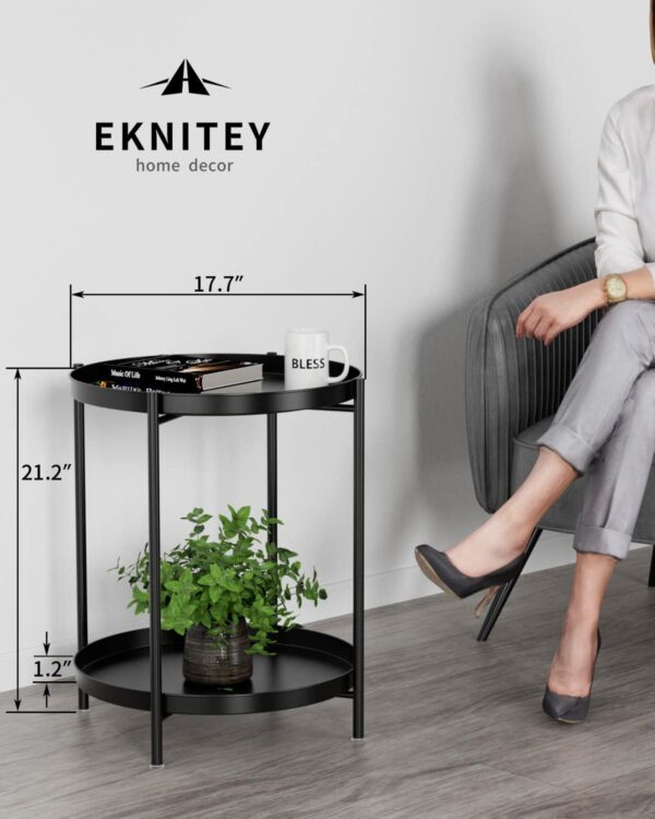 EKNITEY 2 Tier End Table - Metal Side Table Waterproof Small Sofa Coffee Side Tables Bedroom Indoor Outdoor with Removable Tray for Living Room Bedroom Balcony and Office (Black) - Image 3