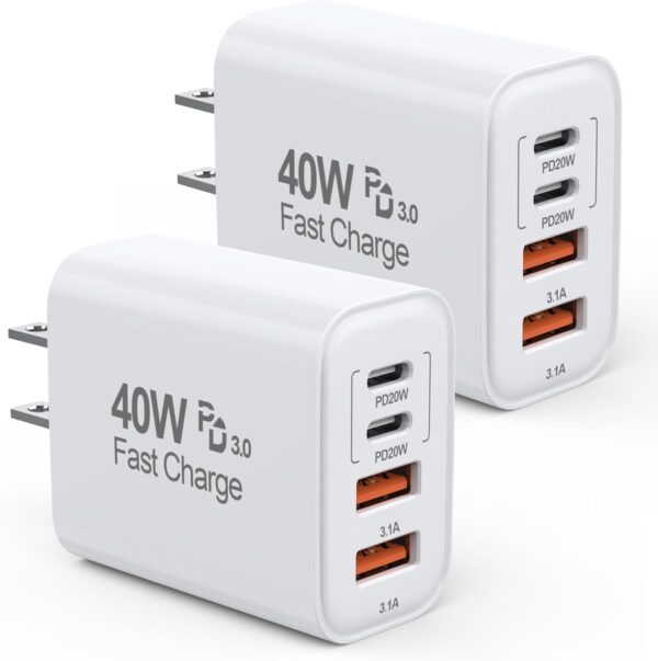 40W iPhone 16 15 Charger Block Fast Charging, 2-Pack USB C Wall Charger, 4-Port Fast USB Wall Adapter PD+QC Multiport Block Cube for iPhone 16/16 Pro/15/14/13/12/11/Pro Max/XS/XR, iPad 12.9