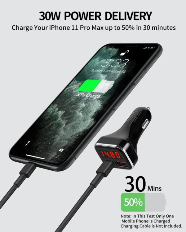 USB C Car Charger Adapter with Volt Meter, 30W Cigarette Lighter Adapter with Voltmeter, Type C Car Charger Fast Charging 12V, PD & QC 3.0 Compatible with iPhone 15 Pro Max, Samsung Galaxy S24 - Image 2