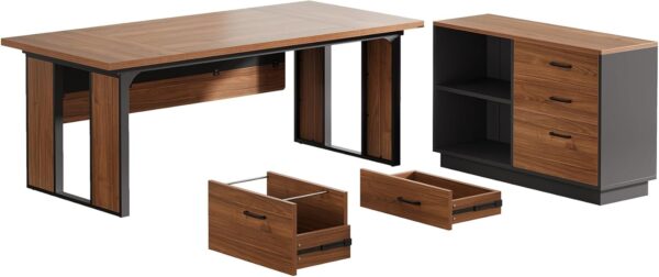 Tribesigns 63-Inch Executive Desk, L-Shaped Office Table with 47-Inch File Cabinet, Large Computer Desk with Storage Drawers and Shelves, Wood Business Furniture Set for Home Office, Brown and Black - Image 9