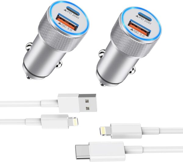 Fast iPhone Car Charger,【2Pack】38W Dual Port PD&QC3.0 Fast Charger Car [Apple MFi Certified] Cigarette Lighter Car Power Adapter with 2pack Lightning Cable for iPhone 14/13/Pro/Max/12/11/X/8 (Silver)