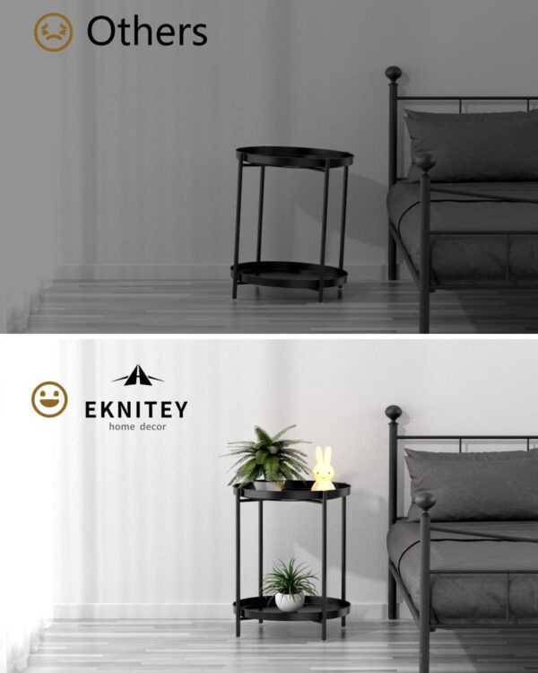 EKNITEY 2 Tier End Table - Metal Side Table Waterproof Small Sofa Coffee Side Tables Bedroom Indoor Outdoor with Removable Tray for Living Room Bedroom Balcony and Office (Black) - Image 6