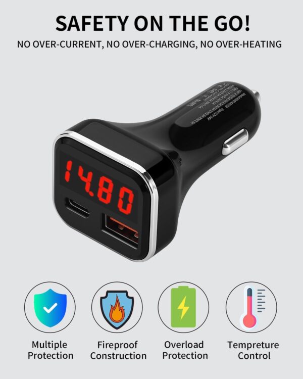 USB C Car Charger Adapter with Volt Meter, 30W Cigarette Lighter Adapter with Voltmeter, Type C Car Charger Fast Charging 12V, PD & QC 3.0 Compatible with iPhone 15 Pro Max, Samsung Galaxy S24 - Image 4