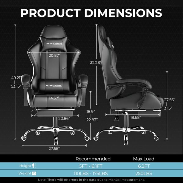 GTPLAYER Gaming Chair, Computer Chair with Footrest and Lumbar Support, Height Adjustable Game Chair with 360°-Swivel Seat and Headrest and for Office or Gaming (Faux Leather, Black) - Image 3