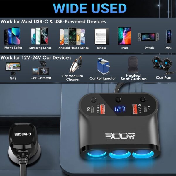 Cigarette Lighter Splitter 300W: OUFFUN Dual 18W QC3.0 and 30W PD USB-C Multi Way Cigarette Lighter Adapter DC Outlet Car 12V Splitter with LED Voltmeter Switches for iPhone Samsung Phone GPS Dash Cam - Image 6