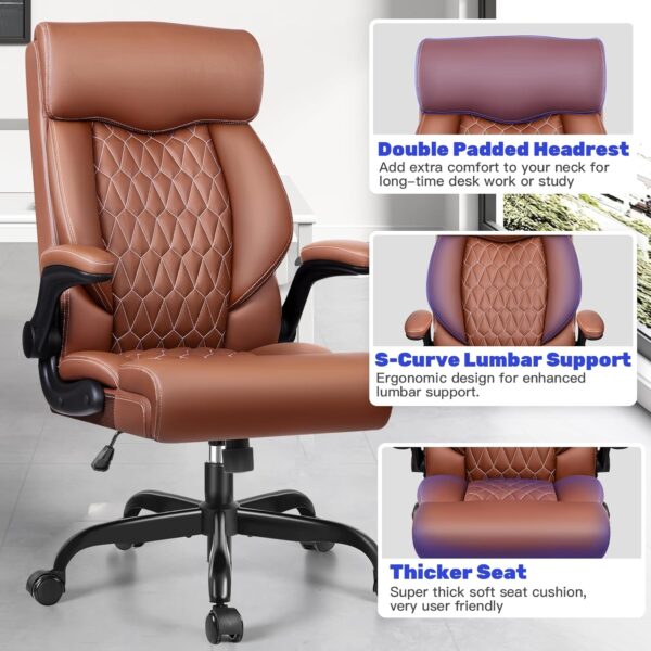 High Back Executive Office Chair - Ergonomic Computer Desk with Rocking Function, Leather Managerial with Adjustable Flip-Up Armrests and Lumbar Support - Image 4